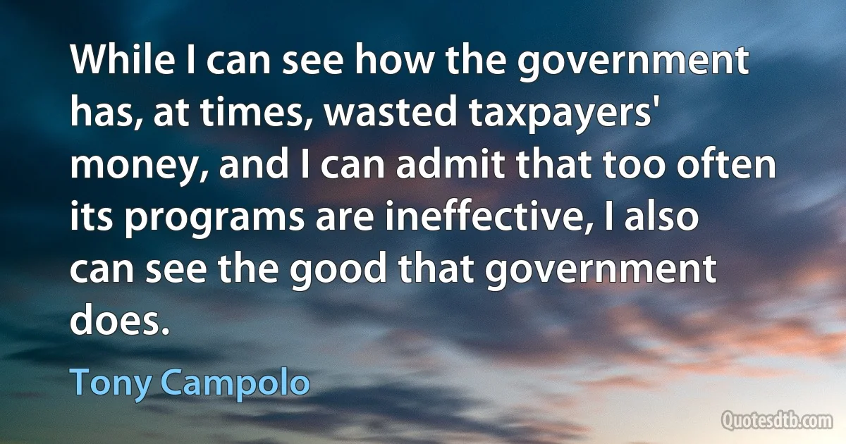 While I can see how the government has, at times, wasted taxpayers' money, and I can admit that too often its programs are ineffective, I also can see the good that government does. (Tony Campolo)