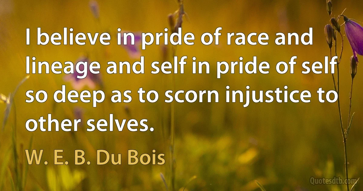 I believe in pride of race and lineage and self in pride of self so deep as to scorn injustice to other selves. (W. E. B. Du Bois)