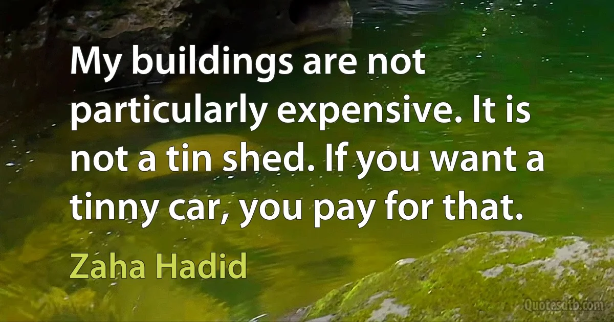 My buildings are not particularly expensive. It is not a tin shed. If you want a tinny car, you pay for that. (Zaha Hadid)