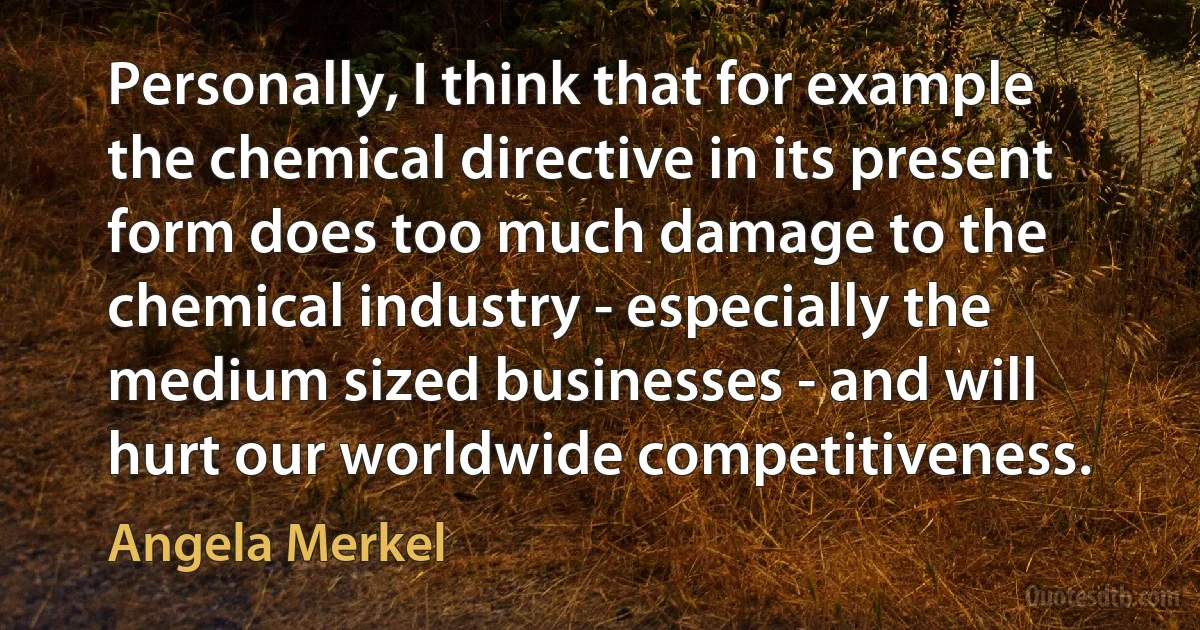 Personally, I think that for example the chemical directive in its present form does too much damage to the chemical industry - especially the medium sized businesses - and will hurt our worldwide competitiveness. (Angela Merkel)