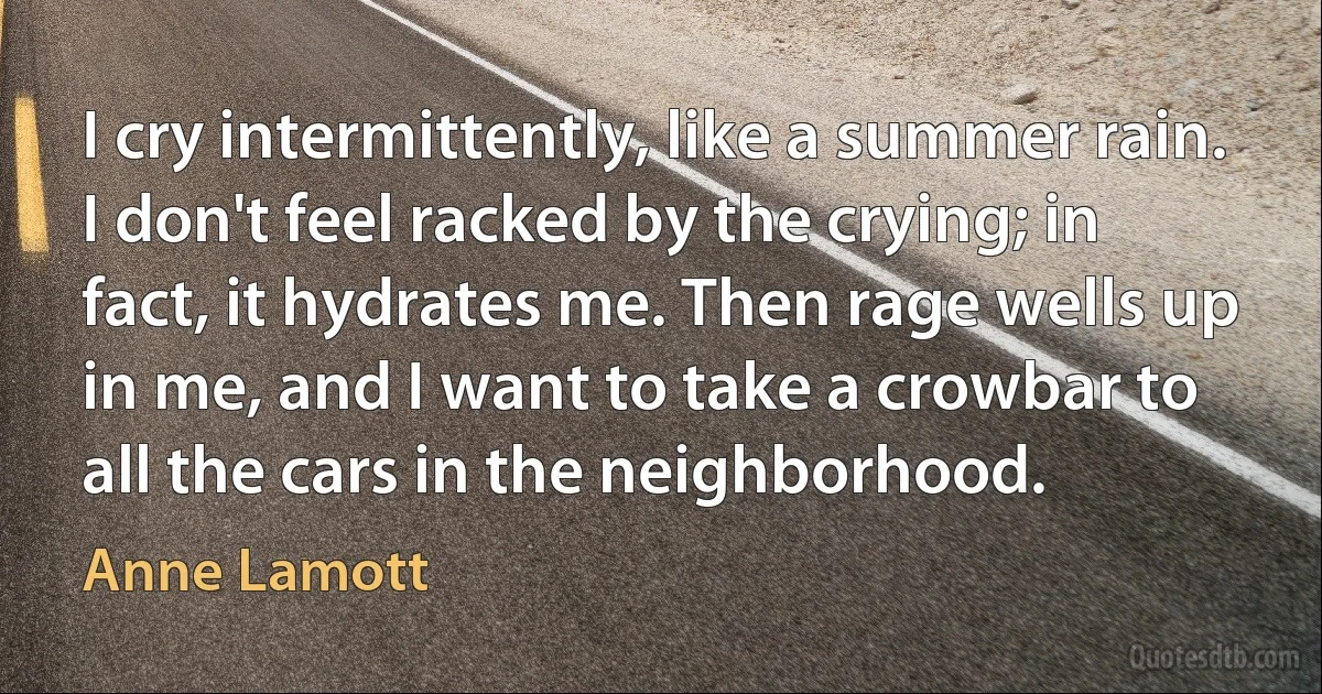 I cry intermittently, like a summer rain. I don't feel racked by the crying; in fact, it hydrates me. Then rage wells up in me, and I want to take a crowbar to all the cars in the neighborhood. (Anne Lamott)