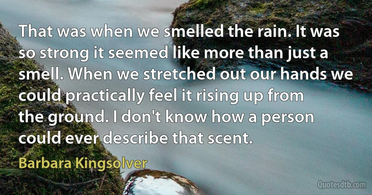 That was when we smelled the rain. It was so strong it seemed like more than just a smell. When we stretched out our hands we could practically feel it rising up from the ground. I don't know how a person could ever describe that scent. (Barbara Kingsolver)