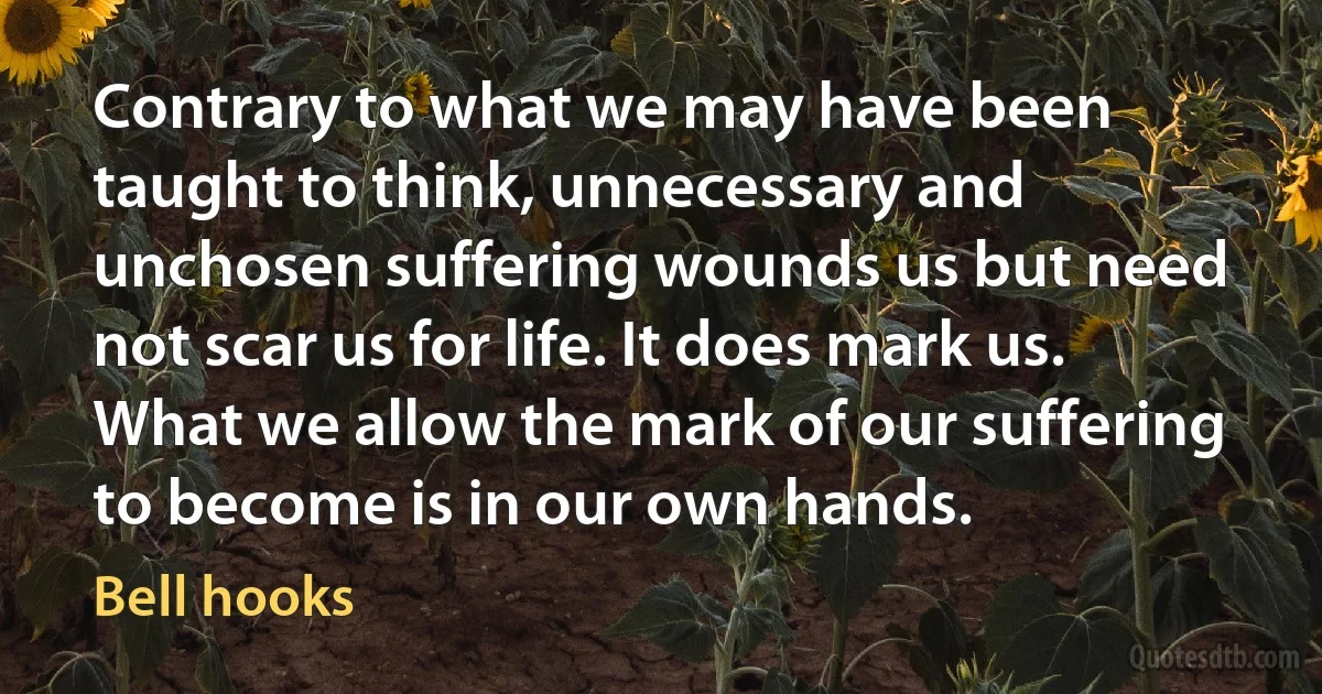 Contrary to what we may have been taught to think, unnecessary and unchosen suffering wounds us but need not scar us for life. It does mark us. What we allow the mark of our suffering to become is in our own hands. (Bell hooks)