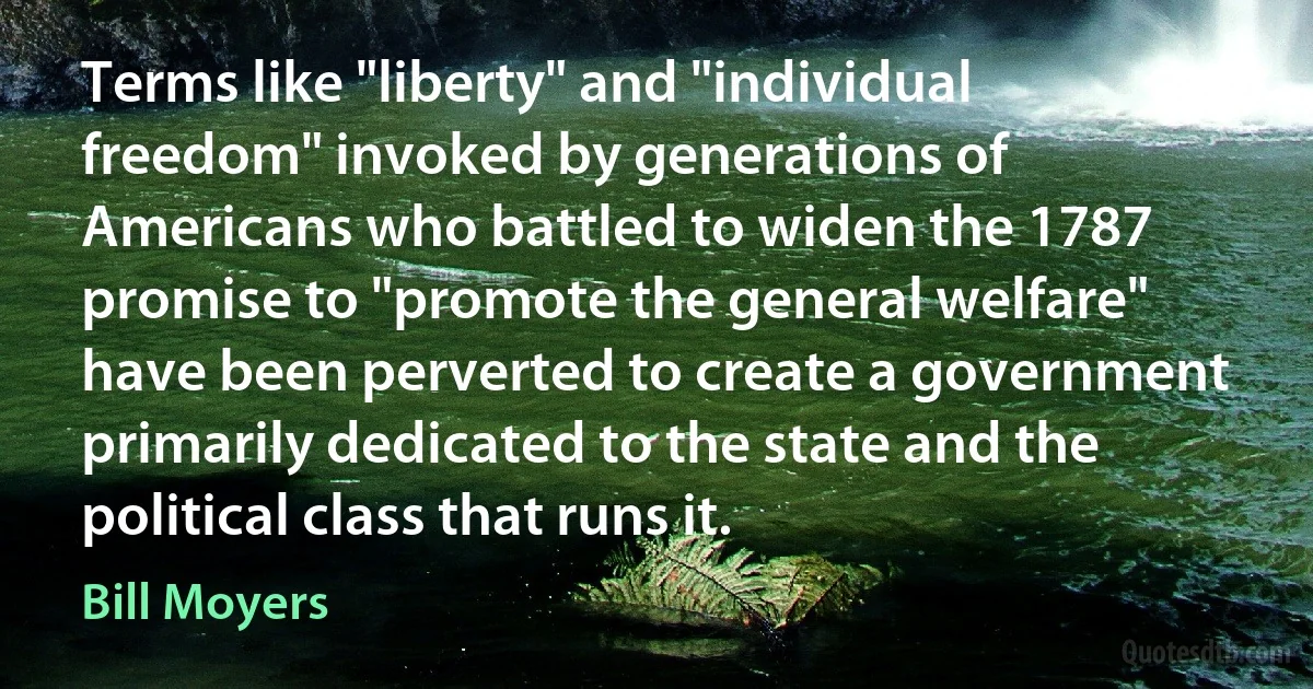 Terms like "liberty" and "individual freedom" invoked by generations of Americans who battled to widen the 1787 promise to "promote the general welfare" have been perverted to create a government primarily dedicated to the state and the political class that runs it. (Bill Moyers)