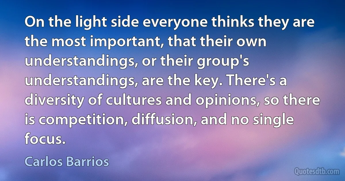 On the light side everyone thinks they are the most important, that their own understandings, or their group's understandings, are the key. There's a diversity of cultures and opinions, so there is competition, diffusion, and no single focus. (Carlos Barrios)