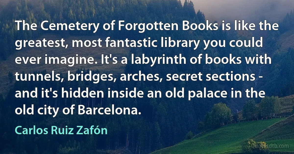 The Cemetery of Forgotten Books is like the greatest, most fantastic library you could ever imagine. It's a labyrinth of books with tunnels, bridges, arches, secret sections - and it's hidden inside an old palace in the old city of Barcelona. (Carlos Ruiz Zafón)