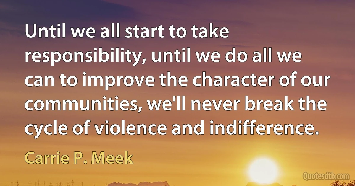 Until we all start to take responsibility, until we do all we can to improve the character of our communities, we'll never break the cycle of violence and indifference. (Carrie P. Meek)