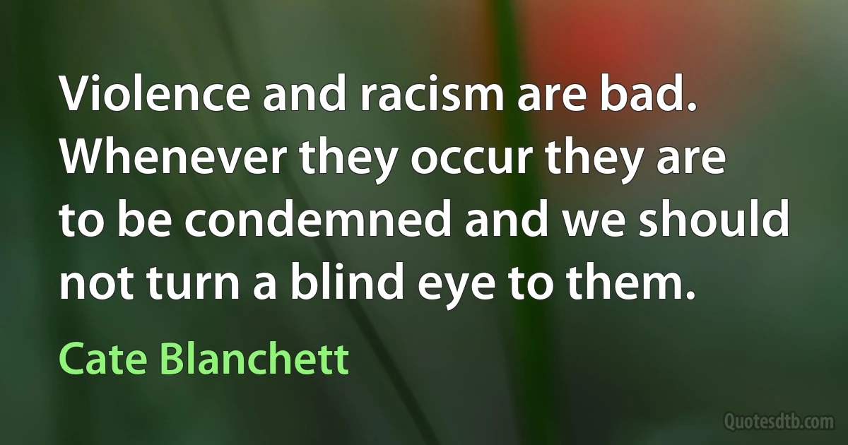 Violence and racism are bad. Whenever they occur they are to be condemned and we should not turn a blind eye to them. (Cate Blanchett)