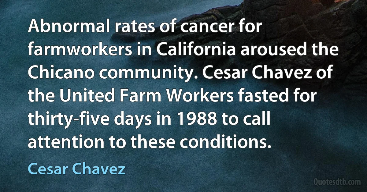 Abnormal rates of cancer for farmworkers in California aroused the Chicano community. Cesar Chavez of the United Farm Workers fasted for thirty-five days in 1988 to call attention to these conditions. (Cesar Chavez)