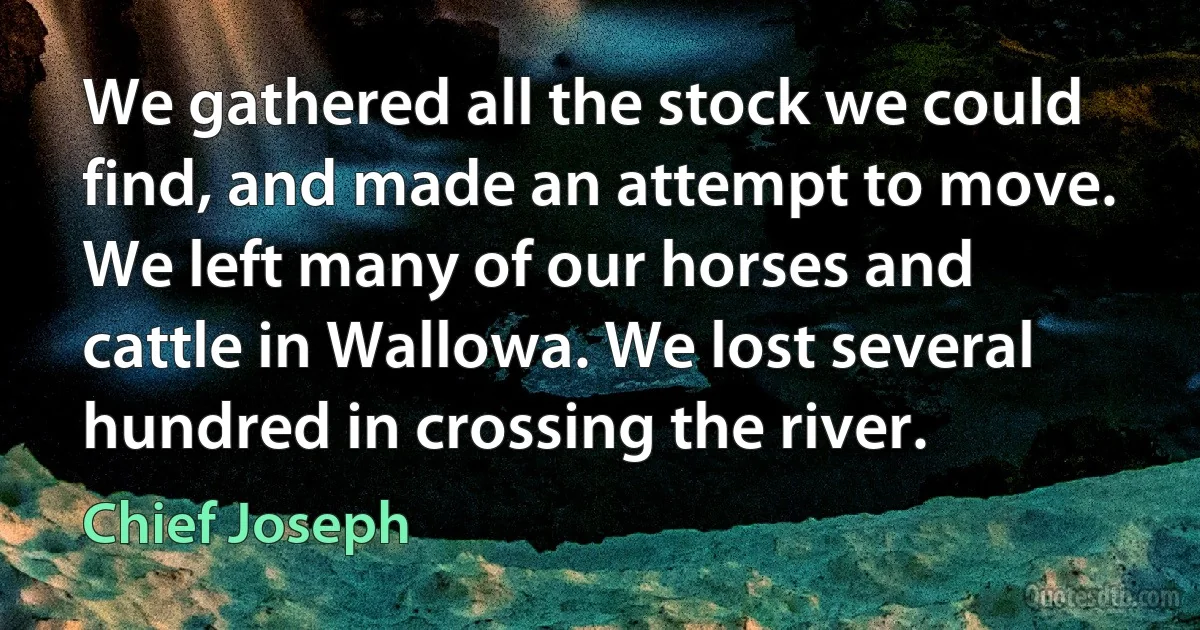 We gathered all the stock we could find, and made an attempt to move. We left many of our horses and cattle in Wallowa. We lost several hundred in crossing the river. (Chief Joseph)