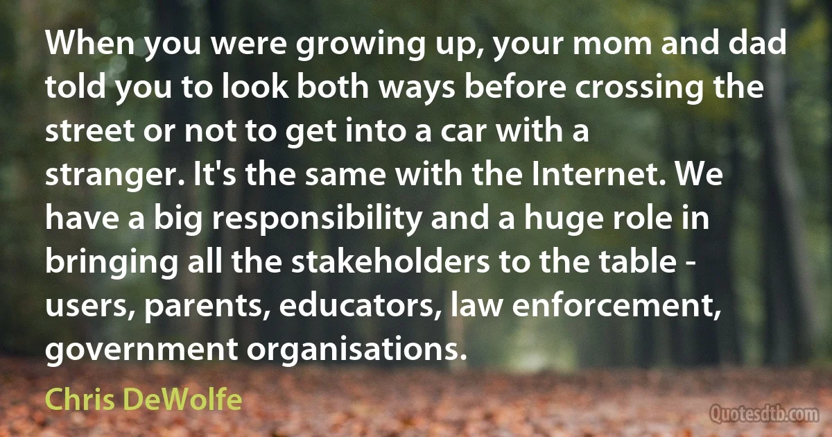 When you were growing up, your mom and dad told you to look both ways before crossing the street or not to get into a car with a stranger. It's the same with the Internet. We have a big responsibility and a huge role in bringing all the stakeholders to the table - users, parents, educators, law enforcement, government organisations. (Chris DeWolfe)