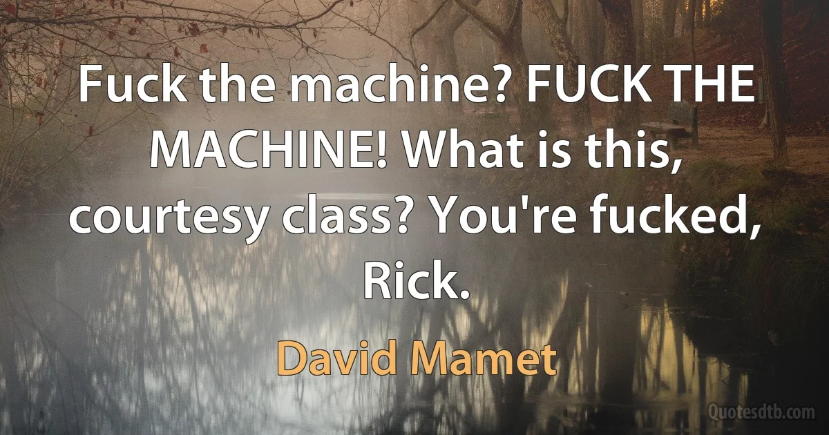 Fuck the machine? FUCK THE MACHINE! What is this, courtesy class? You're fucked, Rick. (David Mamet)