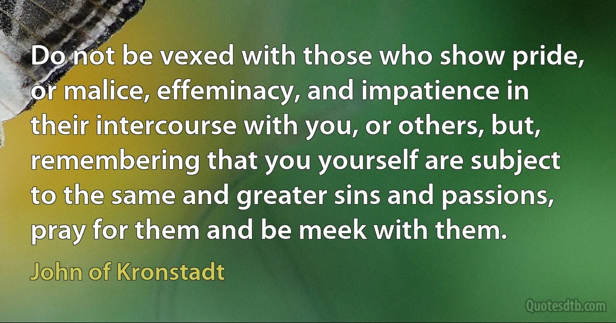 Do not be vexed with those who show pride, or malice, effeminacy, and impatience in their intercourse with you, or others, but, remembering that you yourself are subject to the same and greater sins and passions, pray for them and be meek with them. (John of Kronstadt)