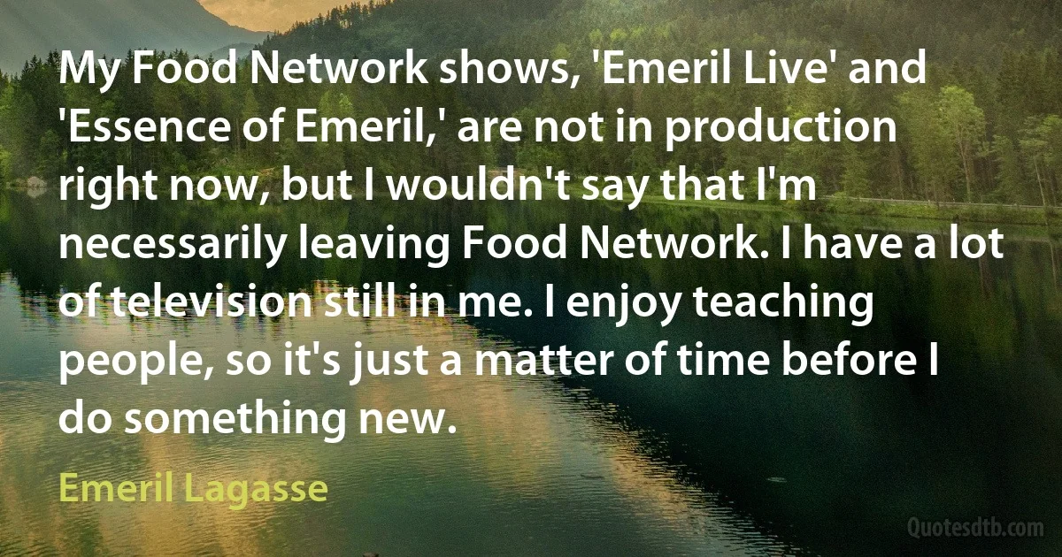 My Food Network shows, 'Emeril Live' and 'Essence of Emeril,' are not in production right now, but I wouldn't say that I'm necessarily leaving Food Network. I have a lot of television still in me. I enjoy teaching people, so it's just a matter of time before I do something new. (Emeril Lagasse)