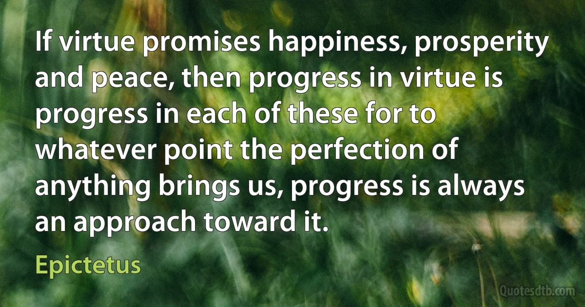 If virtue promises happiness, prosperity and peace, then progress in virtue is progress in each of these for to whatever point the perfection of anything brings us, progress is always an approach toward it. (Epictetus)