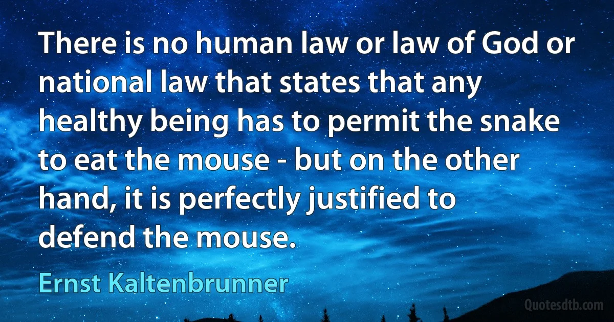 There is no human law or law of God or national law that states that any healthy being has to permit the snake to eat the mouse - but on the other hand, it is perfectly justified to defend the mouse. (Ernst Kaltenbrunner)