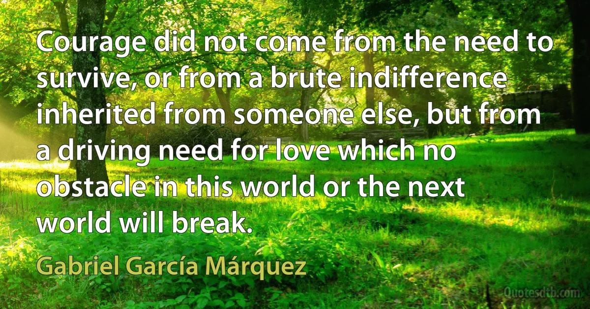 Courage did not come from the need to survive, or from a brute indifference inherited from someone else, but from a driving need for love which no obstacle in this world or the next world will break. (Gabriel García Márquez)