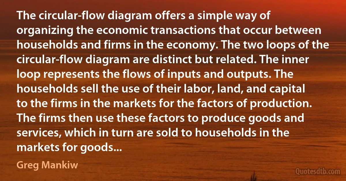 The circular-flow diagram offers a simple way of organizing the economic transactions that occur between households and firms in the economy. The two loops of the circular-flow diagram are distinct but related. The inner loop represents the flows of inputs and outputs. The households sell the use of their labor, land, and capital to the firms in the markets for the factors of production. The firms then use these factors to produce goods and services, which in turn are sold to households in the markets for goods... (Greg Mankiw)