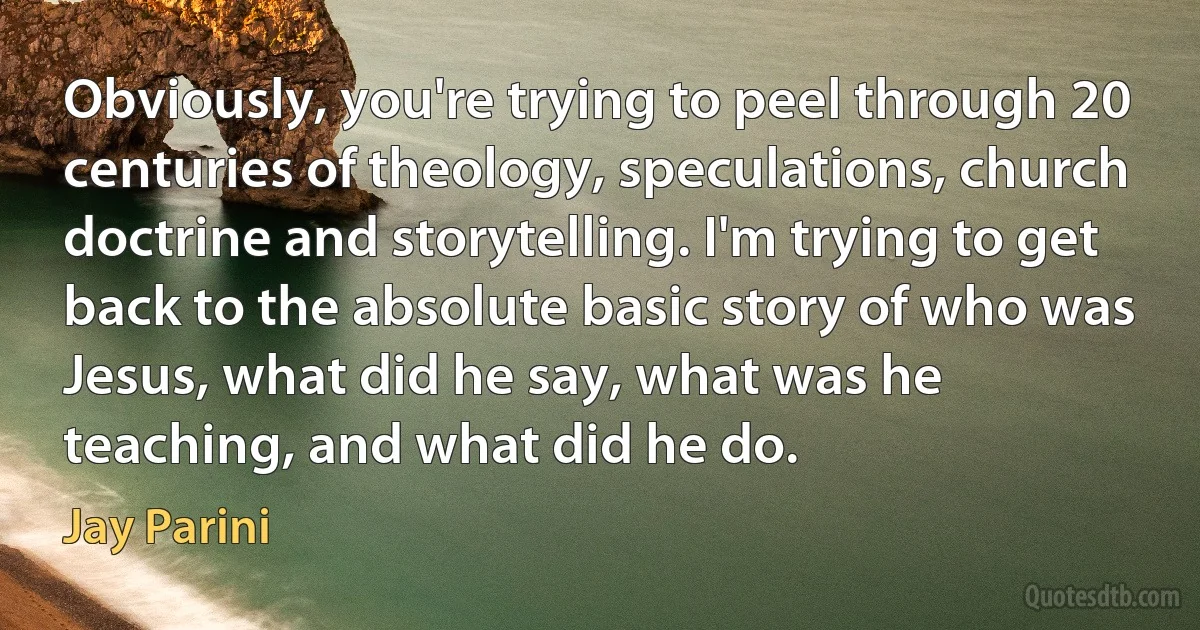 Obviously, you're trying to peel through 20 centuries of theology, speculations, church doctrine and storytelling. I'm trying to get back to the absolute basic story of who was Jesus, what did he say, what was he teaching, and what did he do. (Jay Parini)