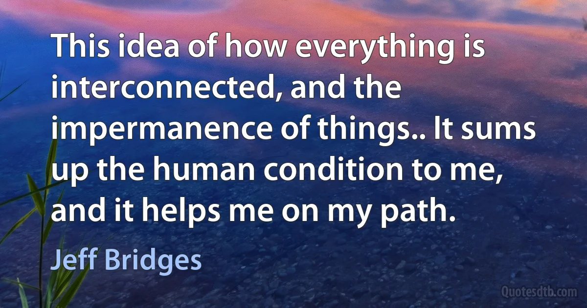 This idea of how everything is interconnected, and the impermanence of things.. It sums up the human condition to me, and it helps me on my path. (Jeff Bridges)