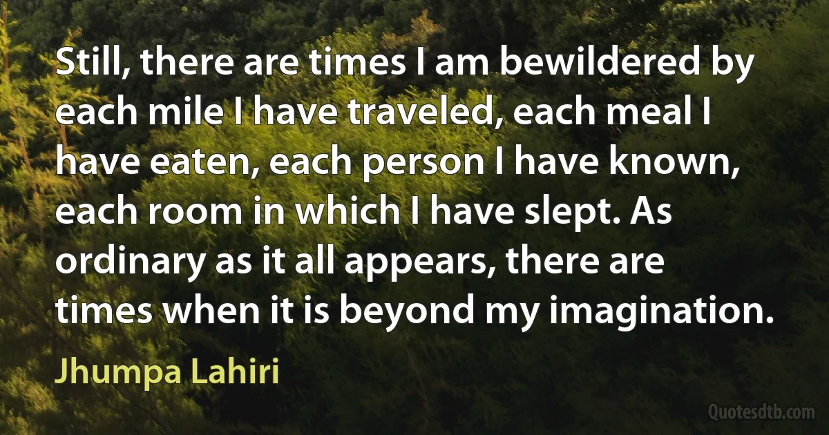 Still, there are times I am bewildered by each mile I have traveled, each meal I have eaten, each person I have known, each room in which I have slept. As ordinary as it all appears, there are times when it is beyond my imagination. (Jhumpa Lahiri)