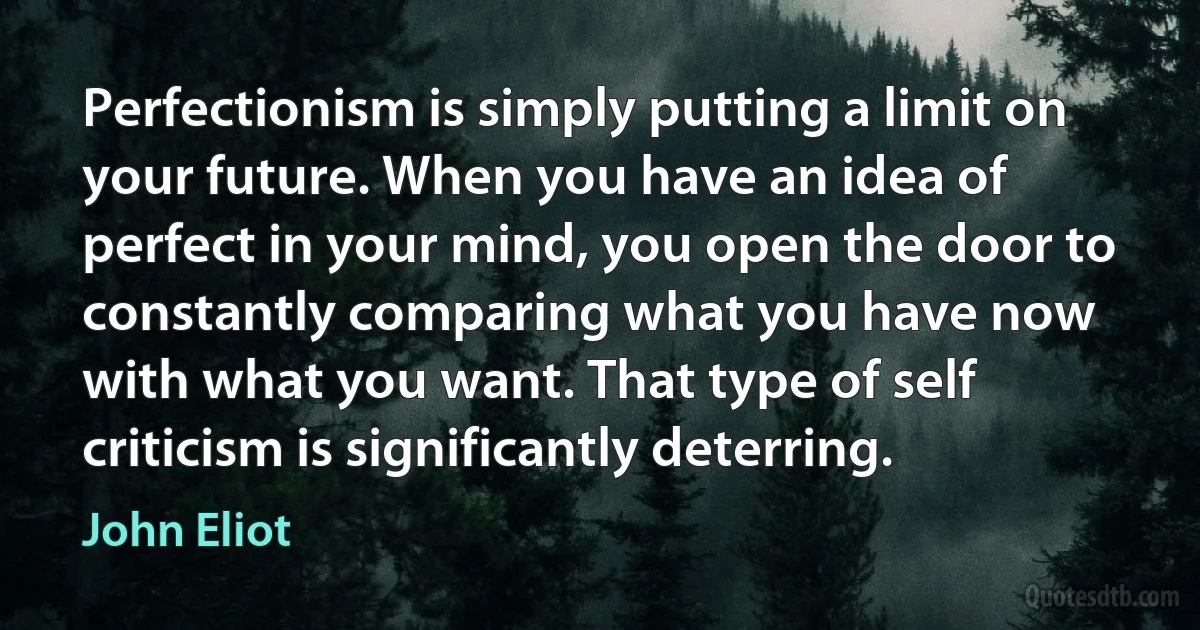 Perfectionism is simply putting a limit on your future. When you have an idea of perfect in your mind, you open the door to constantly comparing what you have now with what you want. That type of self criticism is significantly deterring. (John Eliot)