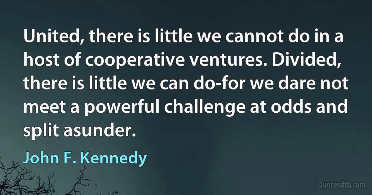 United, there is little we cannot do in a host of cooperative ventures. Divided, there is little we can do-for we dare not meet a powerful challenge at odds and
split asunder. (John F. Kennedy)