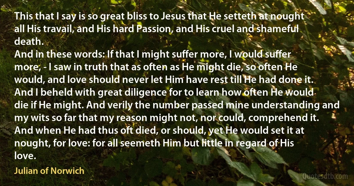 This that I say is so great bliss to Jesus that He setteth at nought all His travail, and His hard Passion, and His cruel and shameful death.
And in these words: If that I might suffer more, I would suffer more, - I saw in truth that as often as He might die, so often He would, and love should never let Him have rest till He had done it. And I beheld with great diligence for to learn how often He would die if He might. And verily the number passed mine understanding and my wits so far that my reason might not, nor could, comprehend it. And when He had thus oft died, or should, yet He would set it at nought, for love: for all seemeth Him but little in regard of His love. (Julian of Norwich)