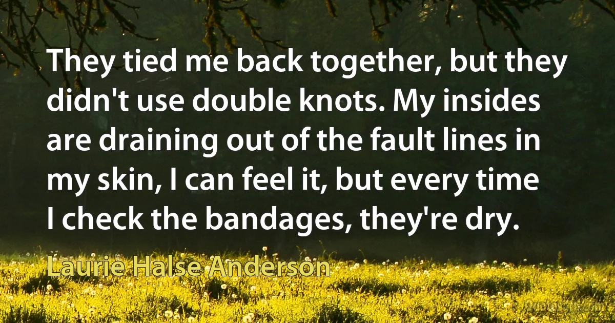 They tied me back together, but they didn't use double knots. My insides are draining out of the fault lines in my skin, I can feel it, but every time I check the bandages, they're dry. (Laurie Halse Anderson)