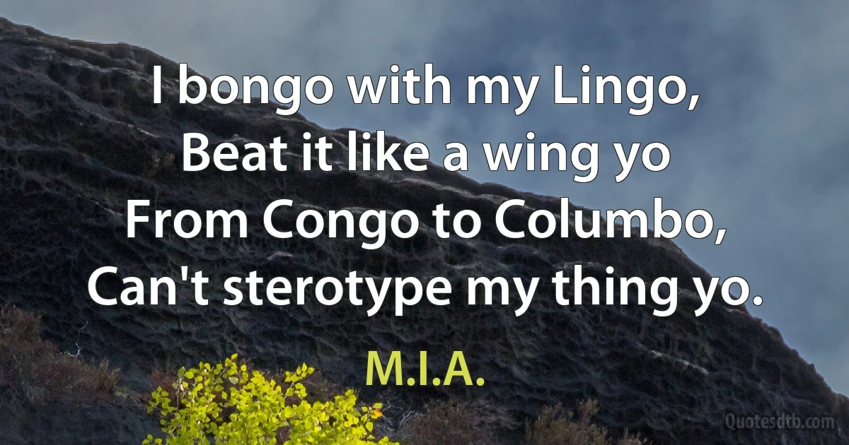 I bongo with my Lingo,
Beat it like a wing yo
From Congo to Columbo,
Can't sterotype my thing yo. (M.I.A.)