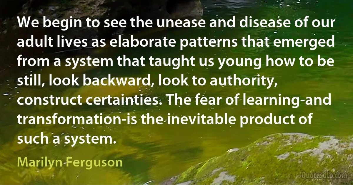 We begin to see the unease and disease of our adult lives as elaborate patterns that emerged from a system that taught us young how to be still, look backward, look to authority, construct certainties. The fear of learning-and transformation-is the inevitable product of such a system. (Marilyn Ferguson)