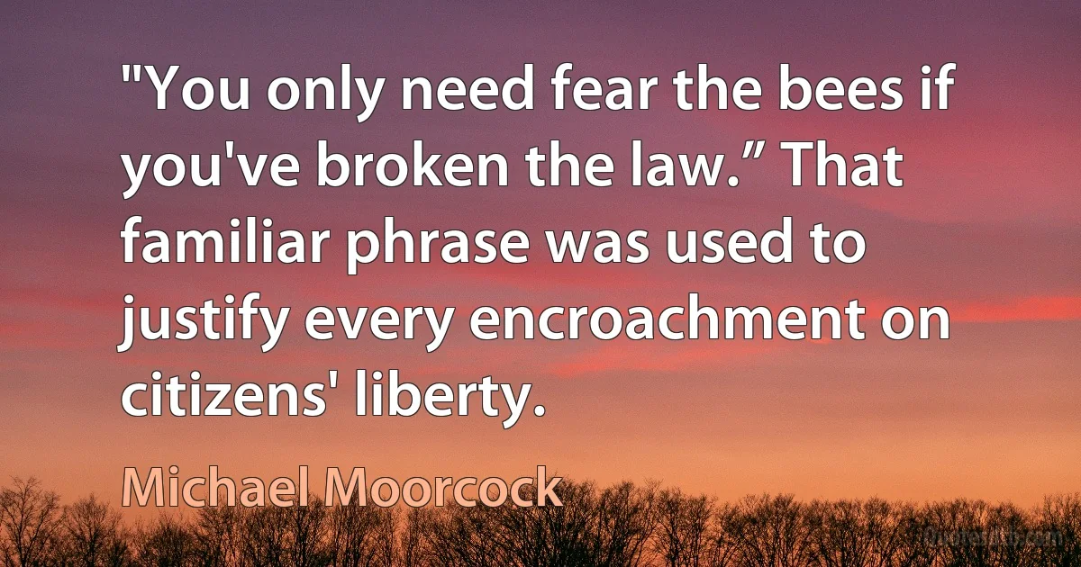 "You only need fear the bees if you've broken the law.” That familiar phrase was used to justify every encroachment on citizens' liberty. (Michael Moorcock)