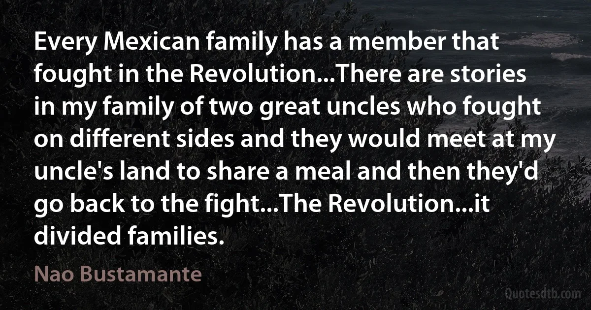 Every Mexican family has a member that fought in the Revolution...There are stories in my family of two great uncles who fought on different sides and they would meet at my uncle's land to share a meal and then they'd go back to the fight...The Revolution...it divided families. (Nao Bustamante)