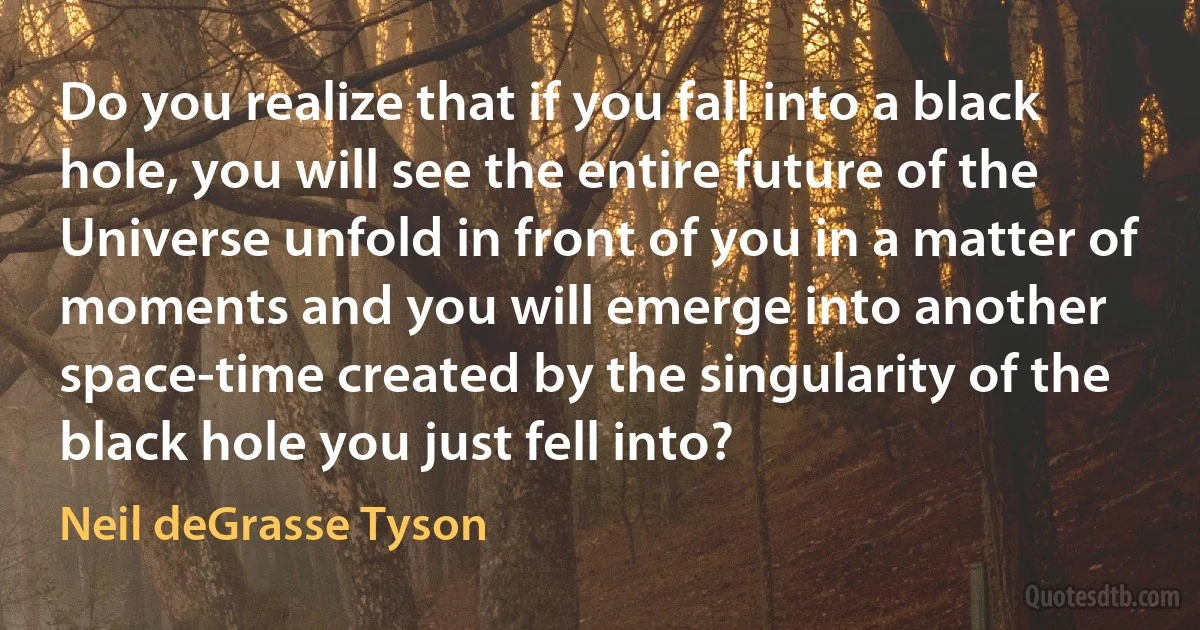 Do you realize that if you fall into a black hole, you will see the entire future of the Universe unfold in front of you in a matter of moments and you will emerge into another space-time created by the singularity of the black hole you just fell into? (Neil deGrasse Tyson)