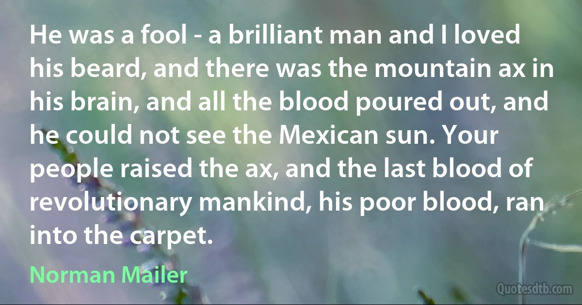 He was a fool - a brilliant man and I loved his beard, and there was the mountain ax in his brain, and all the blood poured out, and he could not see the Mexican sun. Your people raised the ax, and the last blood of revolutionary mankind, his poor blood, ran into the carpet. (Norman Mailer)