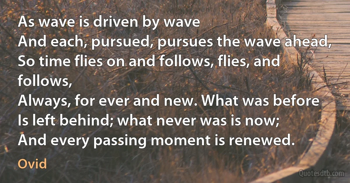 As wave is driven by wave
And each, pursued, pursues the wave ahead,
So time flies on and follows, flies, and follows,
Always, for ever and new. What was before
Is left behind; what never was is now;
And every passing moment is renewed. (Ovid)