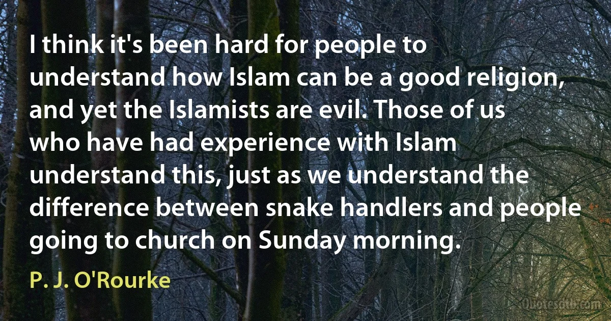 I think it's been hard for people to understand how Islam can be a good religion, and yet the Islamists are evil. Those of us who have had experience with Islam understand this, just as we understand the difference between snake handlers and people going to church on Sunday morning. (P. J. O'Rourke)