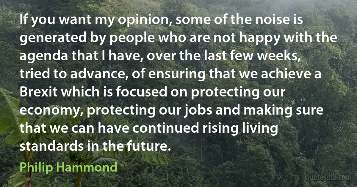 If you want my opinion, some of the noise is generated by people who are not happy with the agenda that I have, over the last few weeks, tried to advance, of ensuring that we achieve a Brexit which is focused on protecting our economy, protecting our jobs and making sure that we can have continued rising living standards in the future. (Philip Hammond)