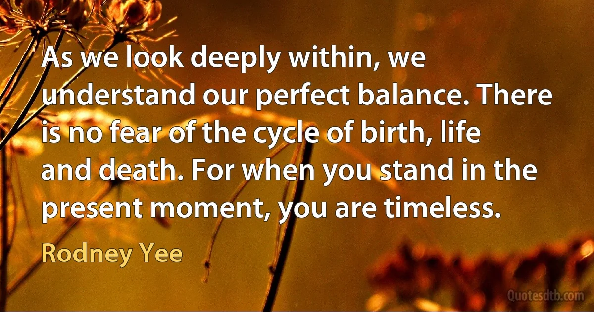 As we look deeply within, we understand our perfect balance. There is no fear of the cycle of birth, life and death. For when you stand in the present moment, you are timeless. (Rodney Yee)