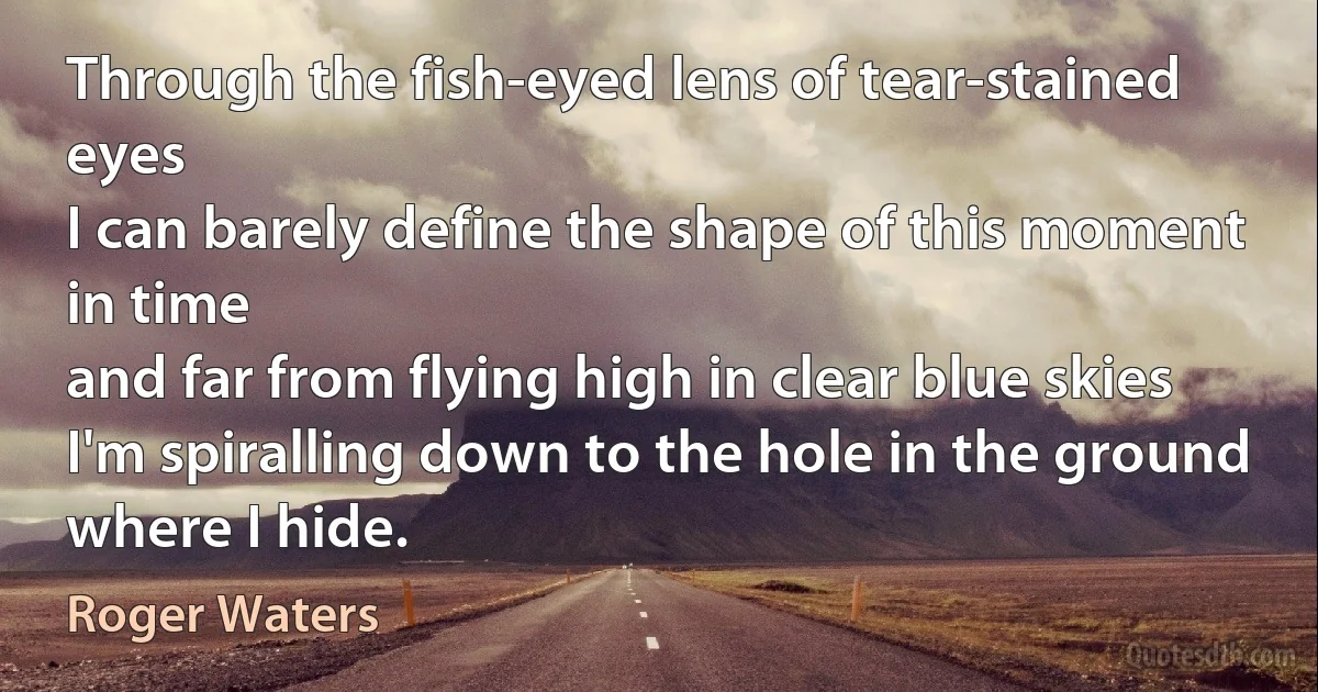 Through the fish-eyed lens of tear-stained eyes
I can barely define the shape of this moment in time
and far from flying high in clear blue skies
I'm spiralling down to the hole in the ground where I hide. (Roger Waters)