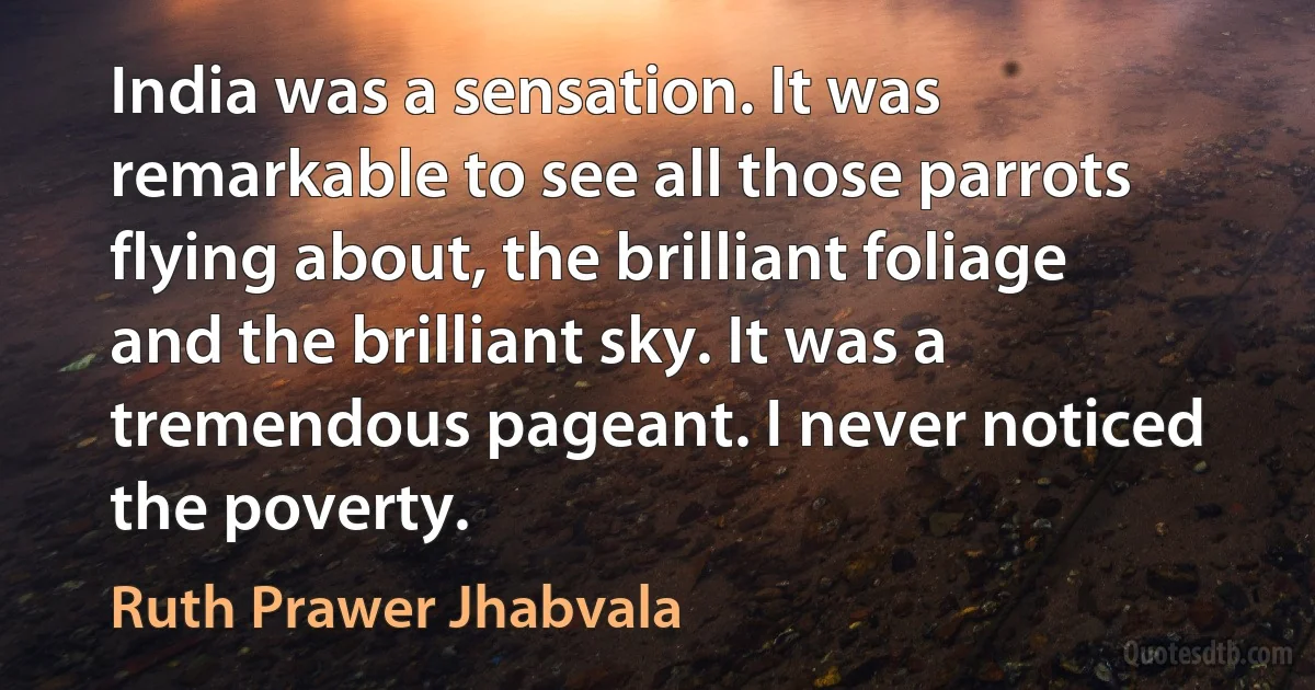 India was a sensation. It was remarkable to see all those parrots flying about, the brilliant foliage and the brilliant sky. It was a tremendous pageant. I never noticed the poverty. (Ruth Prawer Jhabvala)