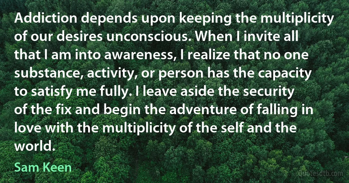 Addiction depends upon keeping the multiplicity of our desires unconscious. When I invite all that I am into awareness, I realize that no one substance, activity, or person has the capacity to satisfy me fully. I leave aside the security of the fix and begin the adventure of falling in love with the multiplicity of the self and the world. (Sam Keen)