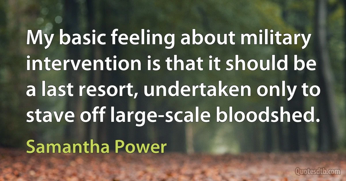 My basic feeling about military intervention is that it should be a last resort, undertaken only to stave off large-scale bloodshed. (Samantha Power)