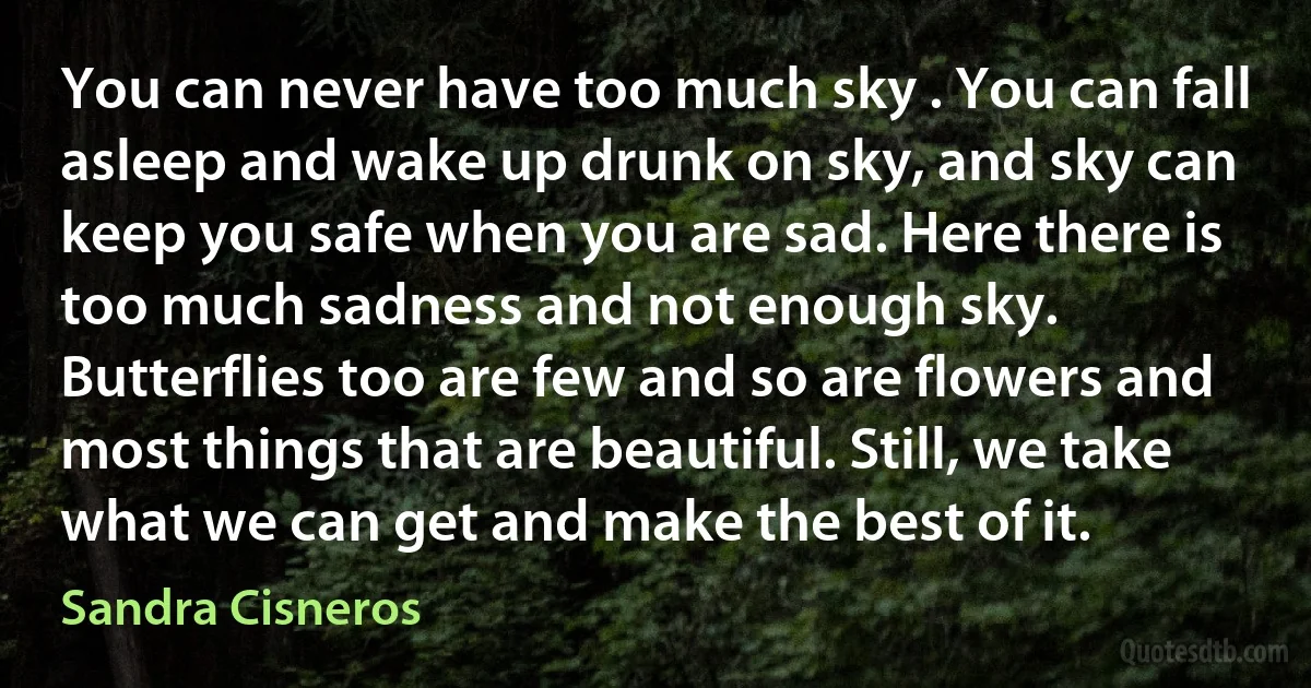 You can never have too much sky . You can fall asleep and wake up drunk on sky, and sky can keep you safe when you are sad. Here there is too much sadness and not enough sky. Butterflies too are few and so are flowers and most things that are beautiful. Still, we take what we can get and make the best of it. (Sandra Cisneros)