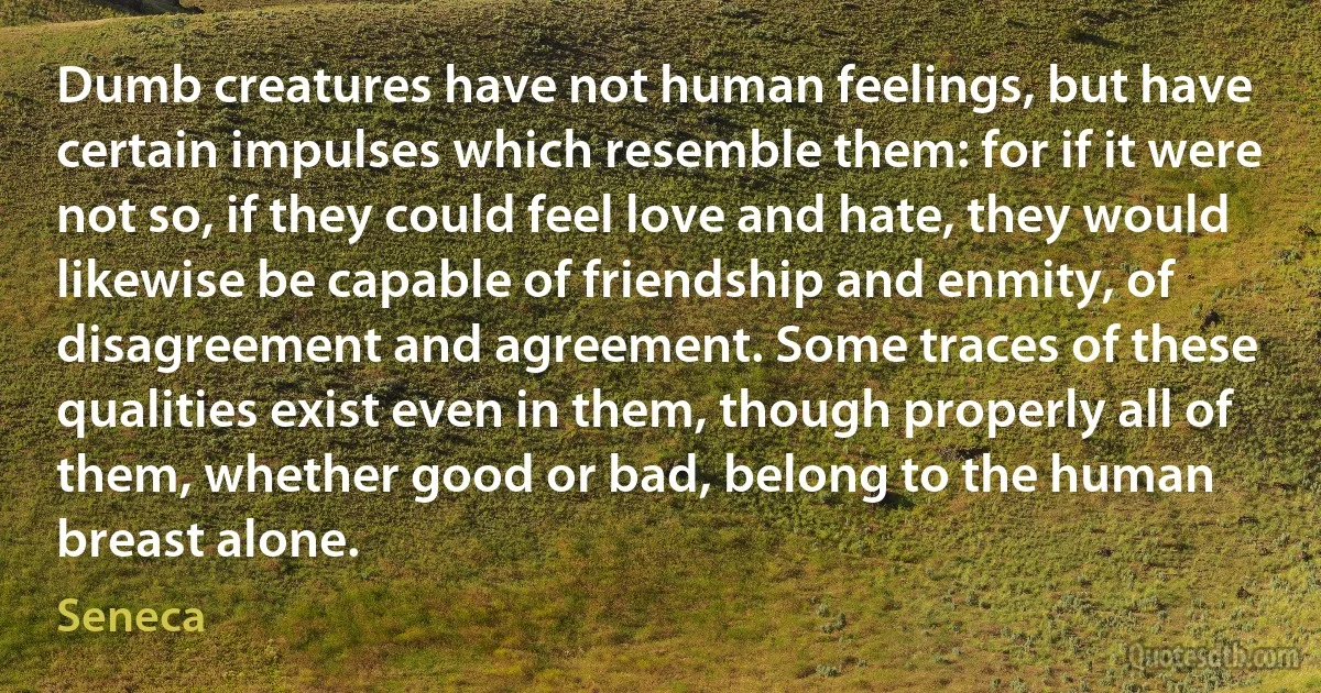 Dumb creatures have not human feelings, but have certain impulses which resemble them: for if it were not so, if they could feel love and hate, they would likewise be capable of friendship and enmity, of disagreement and agreement. Some traces of these qualities exist even in them, though properly all of them, whether good or bad, belong to the human breast alone. (Seneca)