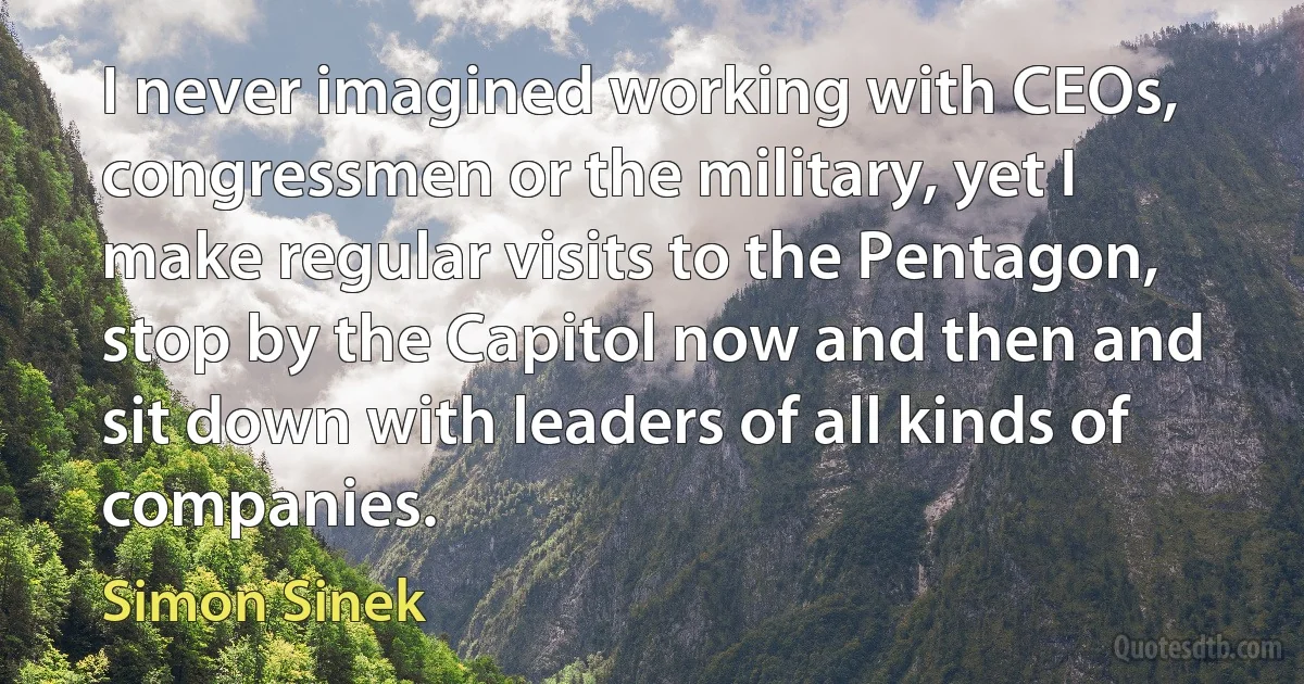 I never imagined working with CEOs, congressmen or the military, yet I make regular visits to the Pentagon, stop by the Capitol now and then and sit down with leaders of all kinds of companies. (Simon Sinek)