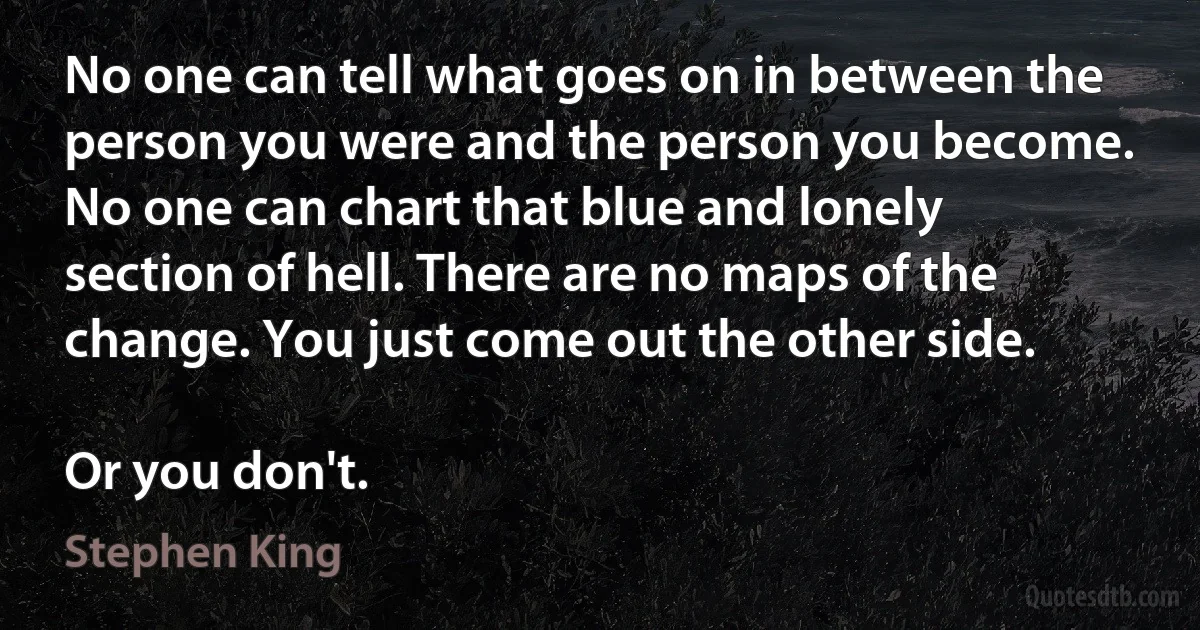 No one can tell what goes on in between the person you were and the person you become. No one can chart that blue and lonely section of hell. There are no maps of the change. You just come out the other side.

Or you don't. (Stephen King)