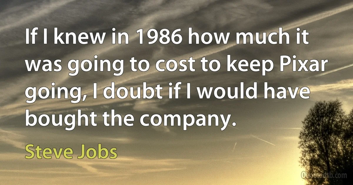 If I knew in 1986 how much it was going to cost to keep Pixar going, I doubt if I would have bought the company. (Steve Jobs)