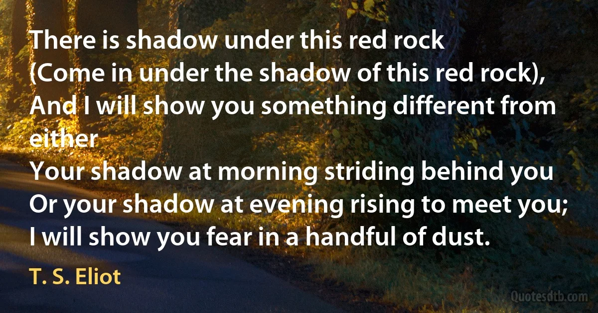 There is shadow under this red rock
(Come in under the shadow of this red rock),
And I will show you something different from either
Your shadow at morning striding behind you
Or your shadow at evening rising to meet you;
I will show you fear in a handful of dust. (T. S. Eliot)