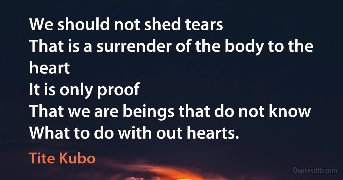 We should not shed tears
That is a surrender of the body to the heart
It is only proof
That we are beings that do not know
What to do with out hearts. (Tite Kubo)